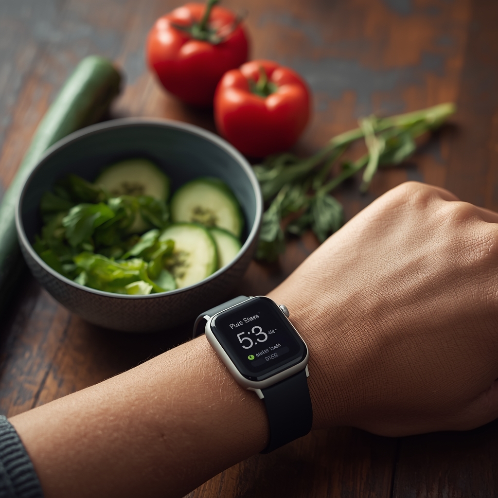 A macro shot of healthy organic food and a smartwatch tracking steps on a rustic table, athletic lifestyle. (no woman image)